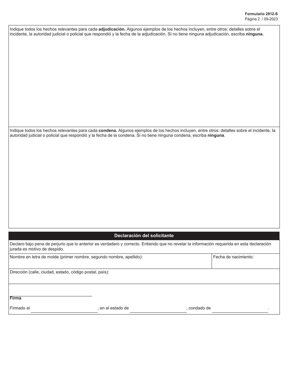 Formulario 2912-S Declaracion Jurada Previa a La Contratacion Para Solicitantes De Empleo En Ciertas Entidades De Cuidado Infantil - Texas (Spanish), Page 2