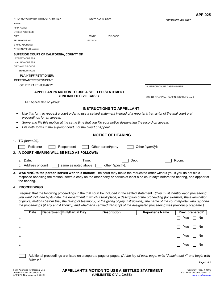Form APP-025 Appellants Motion to Use a Settled Statement (Unlimited Civil Case) - California, Page 1