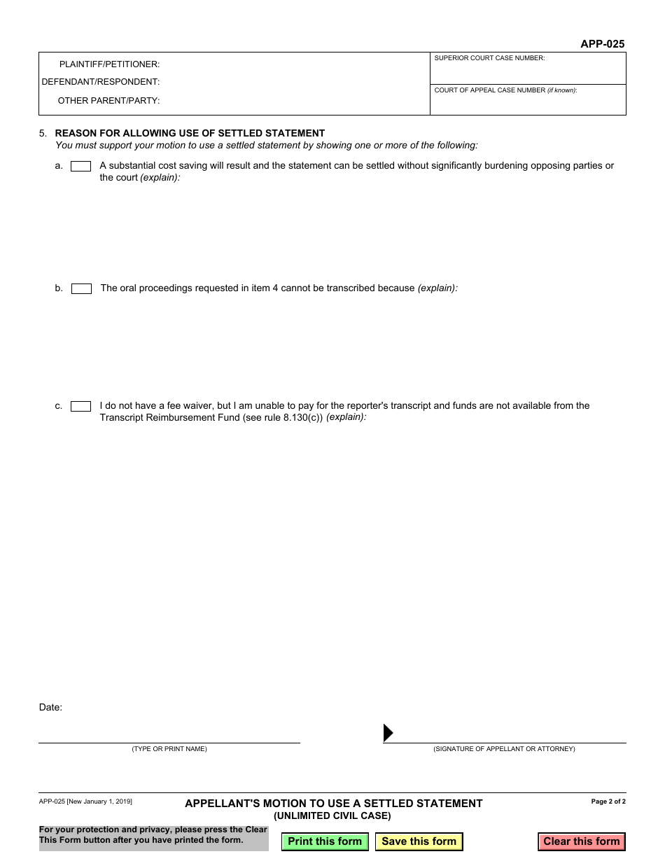Form APP-025 Appellants Motion to Use a Settled Statement (Unlimited Civil Case) - California, Page 2