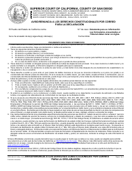 Document preview: Formulario MO-041S Aviso/Renuncia a Los Derechos Constitucionales Por Correo Para La Declaracion - County of San Diego, California (Spanish)