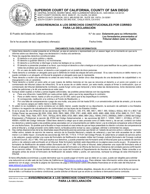 Formulario MO-041S Aviso/Renuncia a Los Derechos Constitucionales Por Correo Para La Declaracion - County of San Diego, California (Spanish)