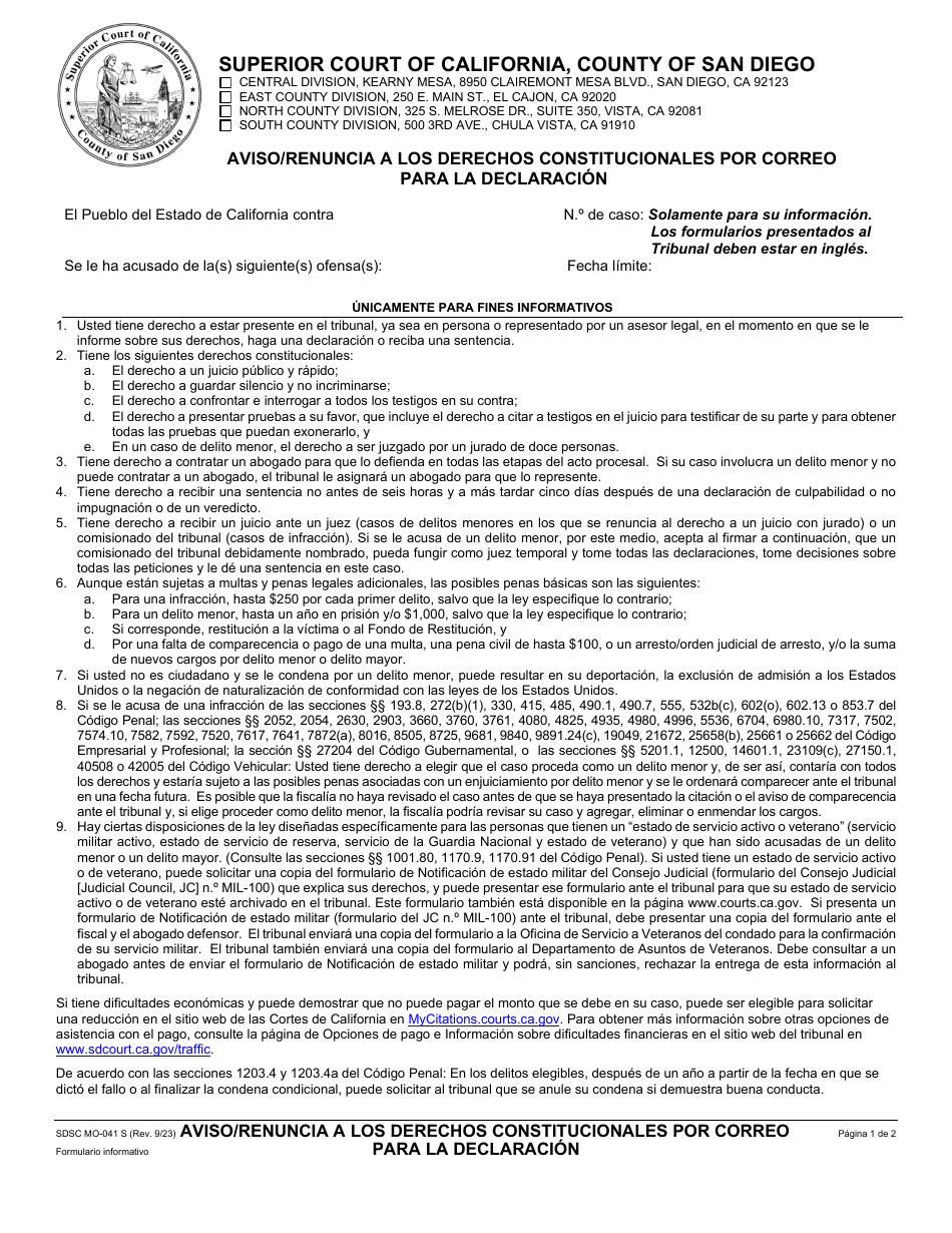 Formulario MO-041S Aviso / Renuncia a Los Derechos Constitucionales Por Correo Para La Declaracion - County of San Diego, California (Spanish), Page 1