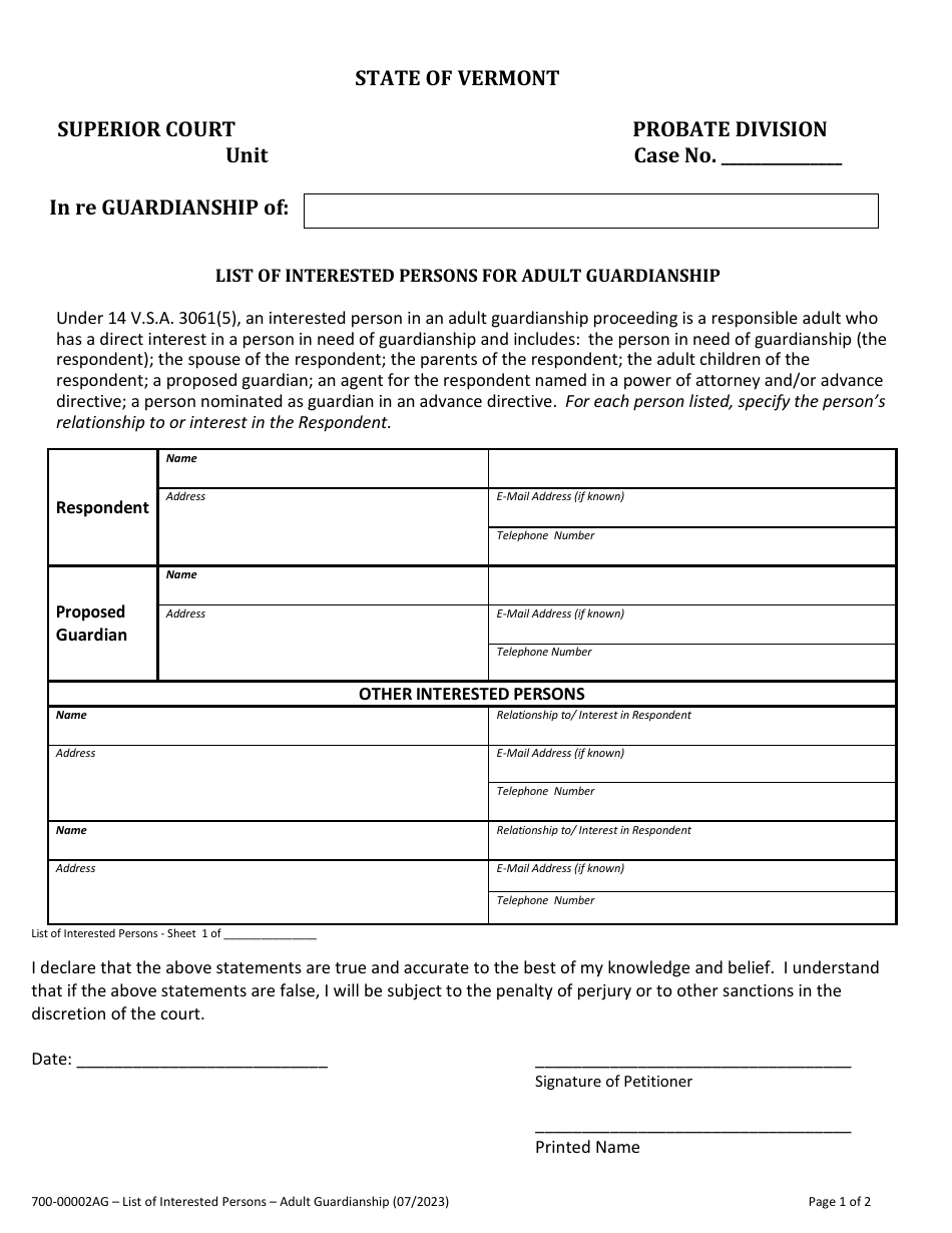 Form 700-00002AG List of Interested Persons for Adult Guardianship - Vermont, Page 1