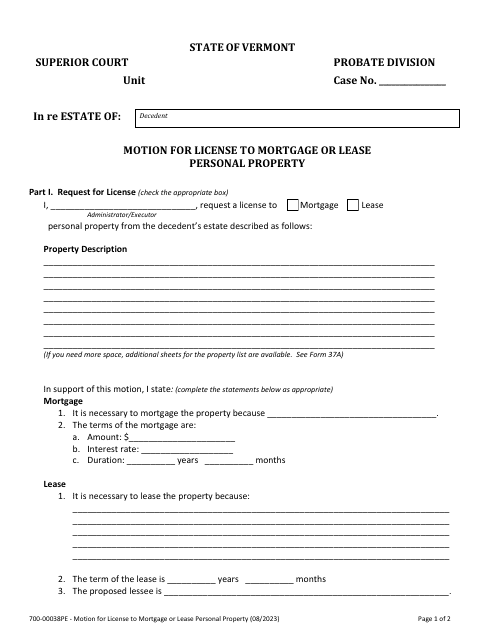Form 700-00038PE Motion for License to Mortgage or Lease Personal Property - Vermont
