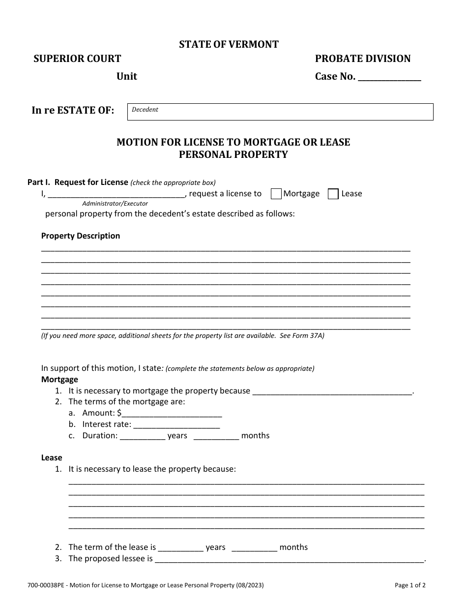 Form 700-00038PE Motion for License to Mortgage or Lease Personal Property - Vermont, Page 1