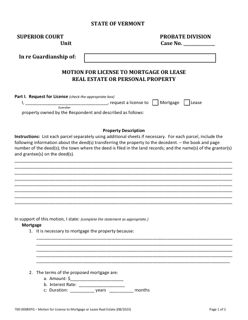 Form 700-00085PG Motion for License to Mortgage or Lease Real Estate or Personal Property - Vermont