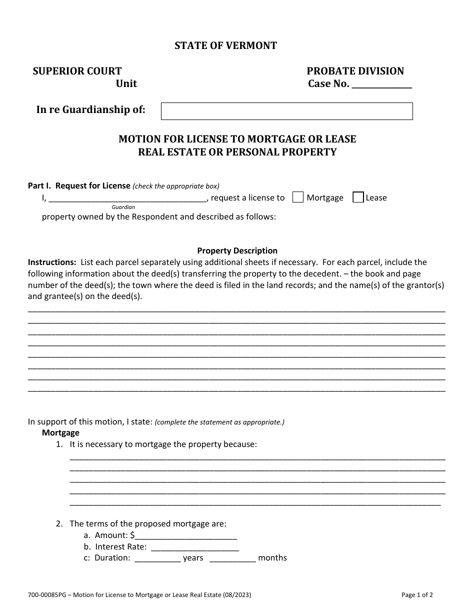 Form 700-00085PG Motion for License to Mortgage or Lease Real Estate or Personal Property - Vermont, Page 1
