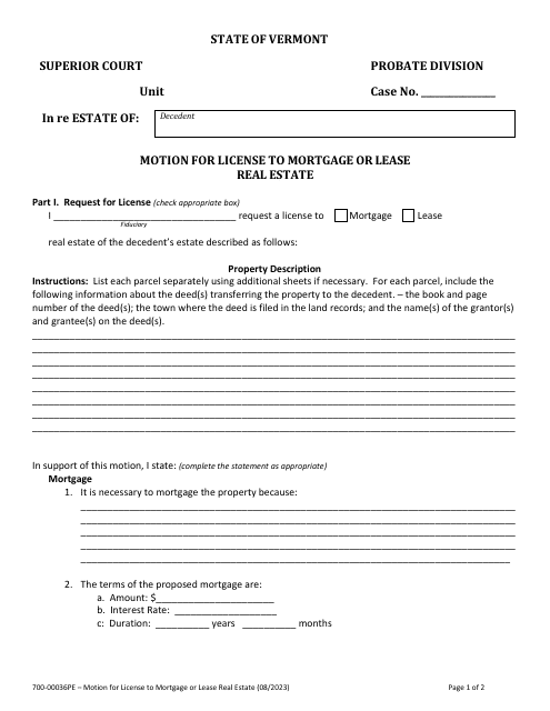 Form 700-00036PE Motion for License to Mortgage or Lease Real Estate - Vermont