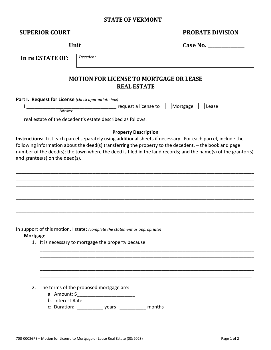 Form 700-00036PE Motion for License to Mortgage or Lease Real Estate - Vermont, Page 1