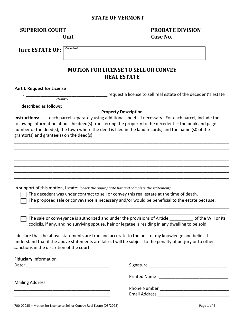 Form 700-00035 Motion for License to Sell or Convey Real Estate - Vermont, Page 1