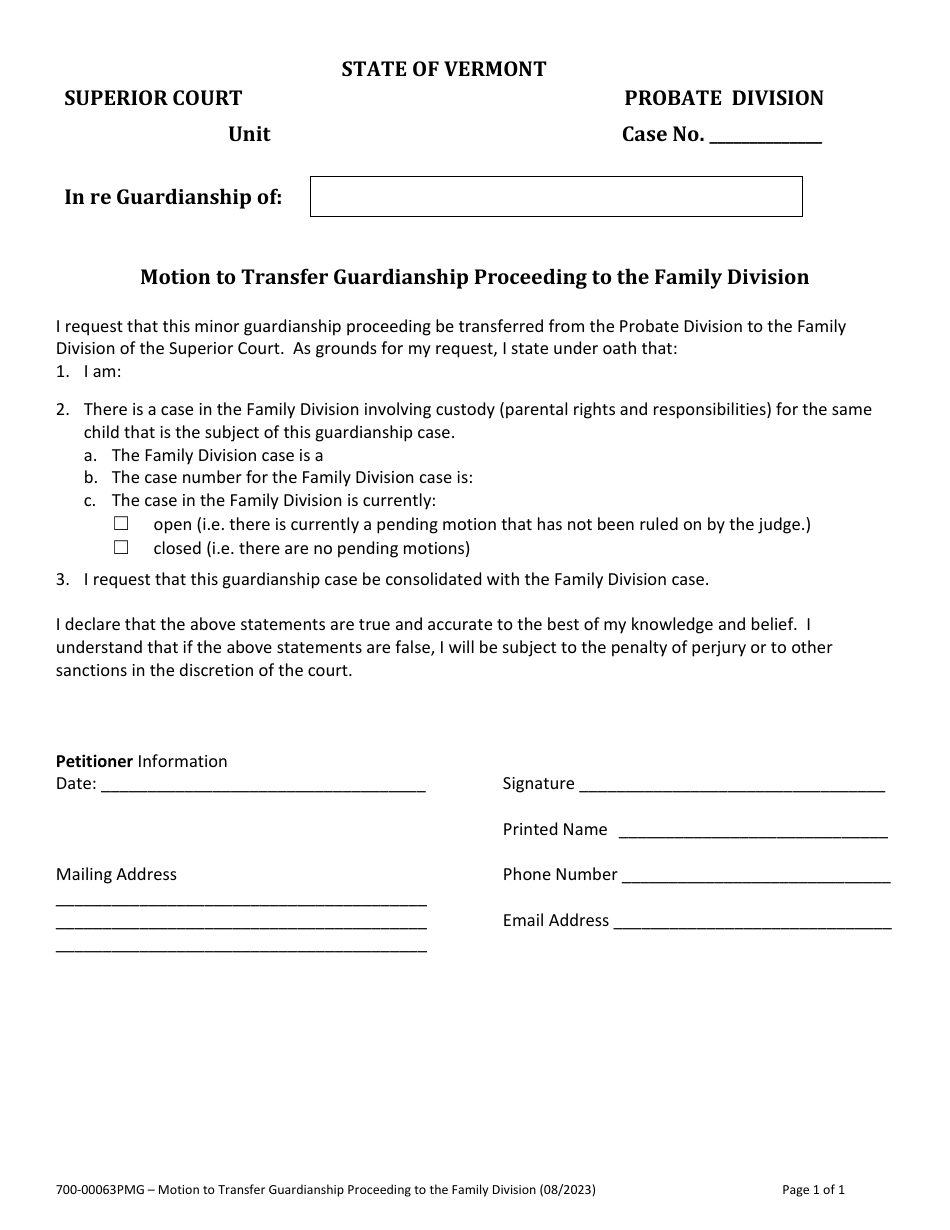 Form 700-00063PMG Motion to Transfer Guardianship Proceeding to the Family Division - Vermont, Page 1