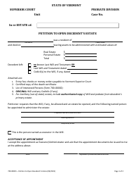 Document preview: Form 700-00001 Petition to Open Decedent's Estate - Vermont