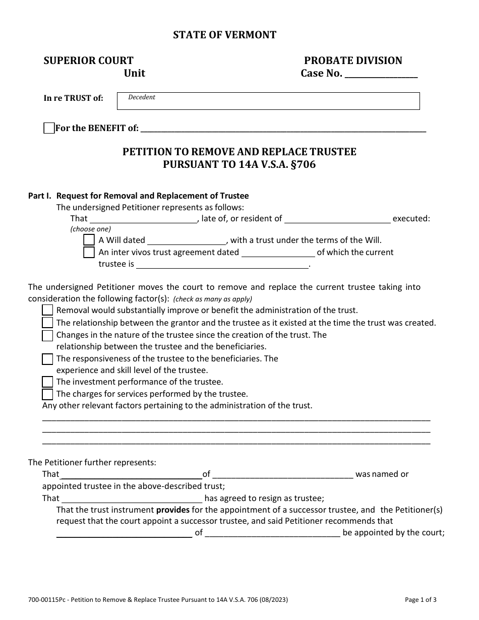 Form 700-00115PC Petition to Remove and Replace Trustee Pursuant to 14a V.s.a. 706 - Vermont, Page 1