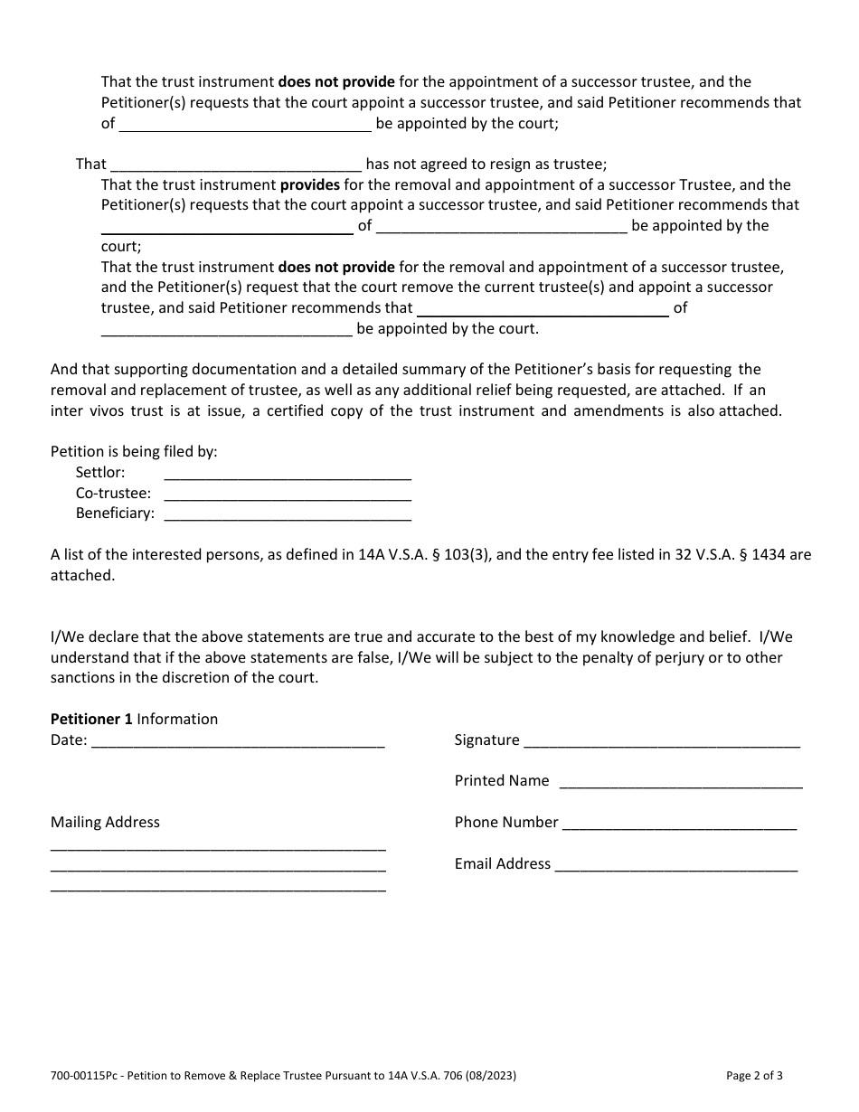 Form 700-00115PC Petition to Remove and Replace Trustee Pursuant to 14a V.s.a. 706 - Vermont, Page 2