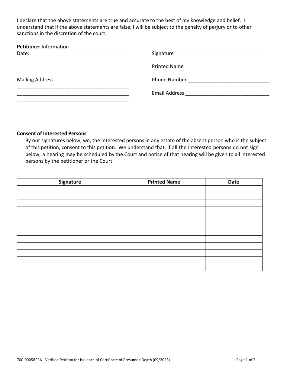 Form 700-00058PEA Verified Petition for Issuance of Certificate of Presumed Death - Vermont, Page 2