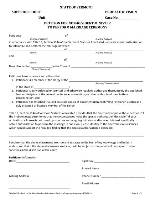 Form 700-00209 Petition for Non-resident Minister to Perform Marriage Ceremony - Vermont