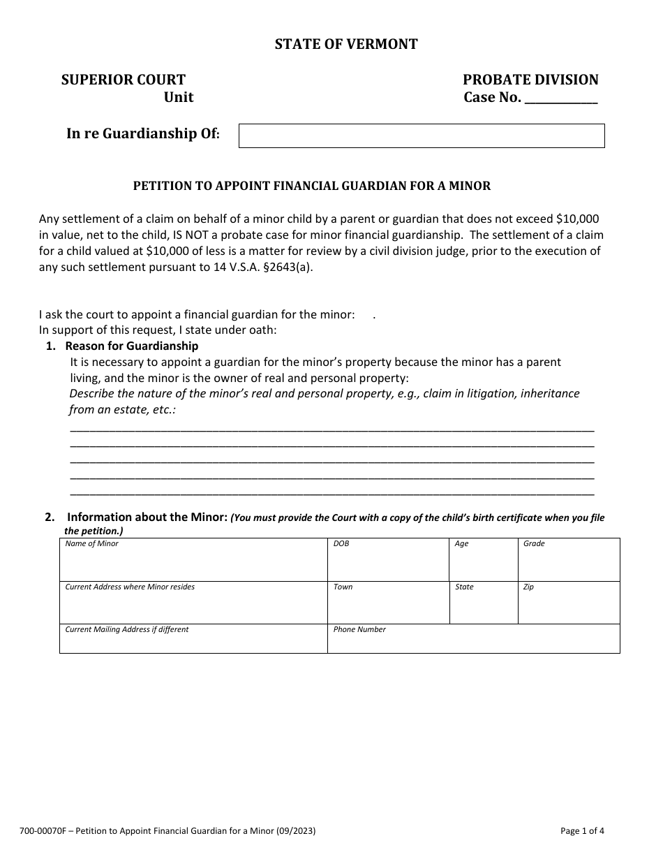 Form 700-00070F Petition to Appoint Financial Guardian for a Minor - Vermont, Page 1