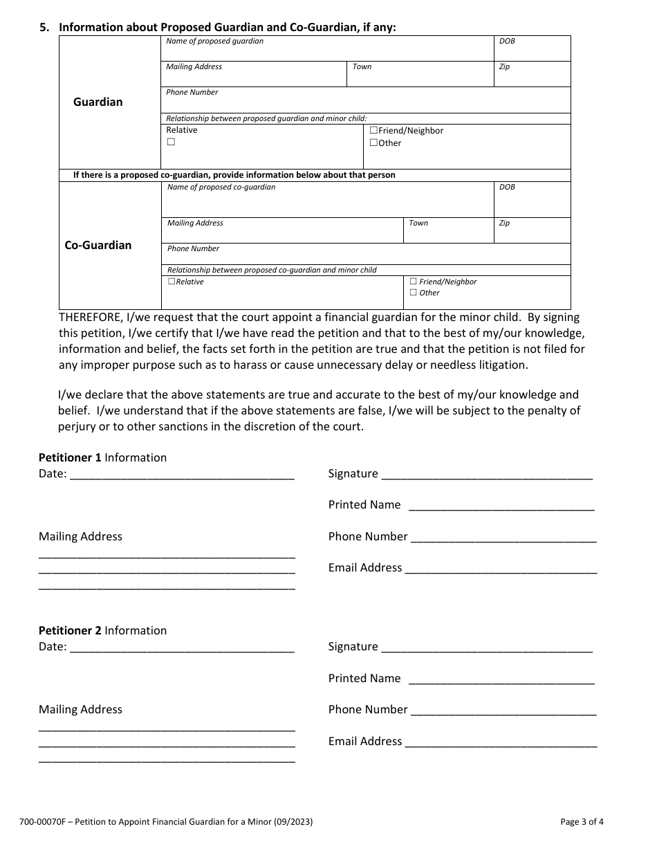 Form 700-00070F Petition to Appoint Financial Guardian for a Minor - Vermont, Page 3