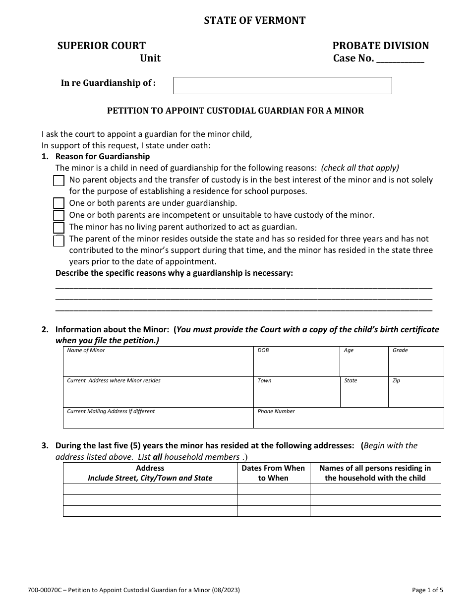 Form 700-00070C Petition to Appoint Custodial Guardian for a Minor - Vermont, Page 1
