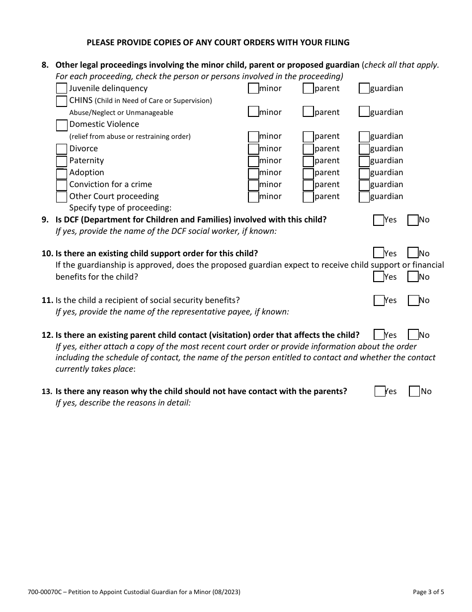 Form 700-00070C Petition to Appoint Custodial Guardian for a Minor - Vermont, Page 3