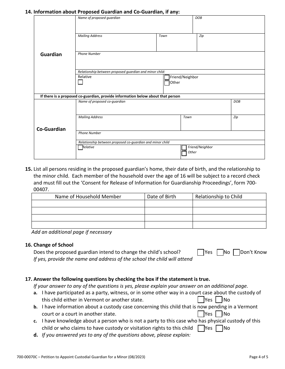 Form 700-00070C Petition to Appoint Custodial Guardian for a Minor - Vermont, Page 4