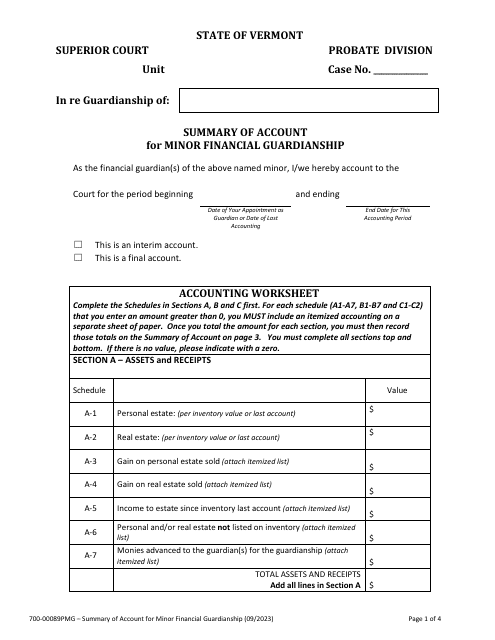 Form 700-00089PMG Summary of Account for Minor Financial Guardianship - Vermont