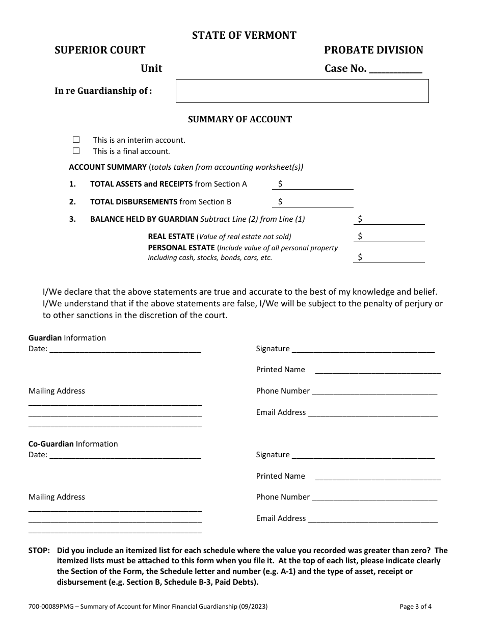 Form 700-00089PMG Summary of Account for Minor Financial Guardianship - Vermont, Page 3