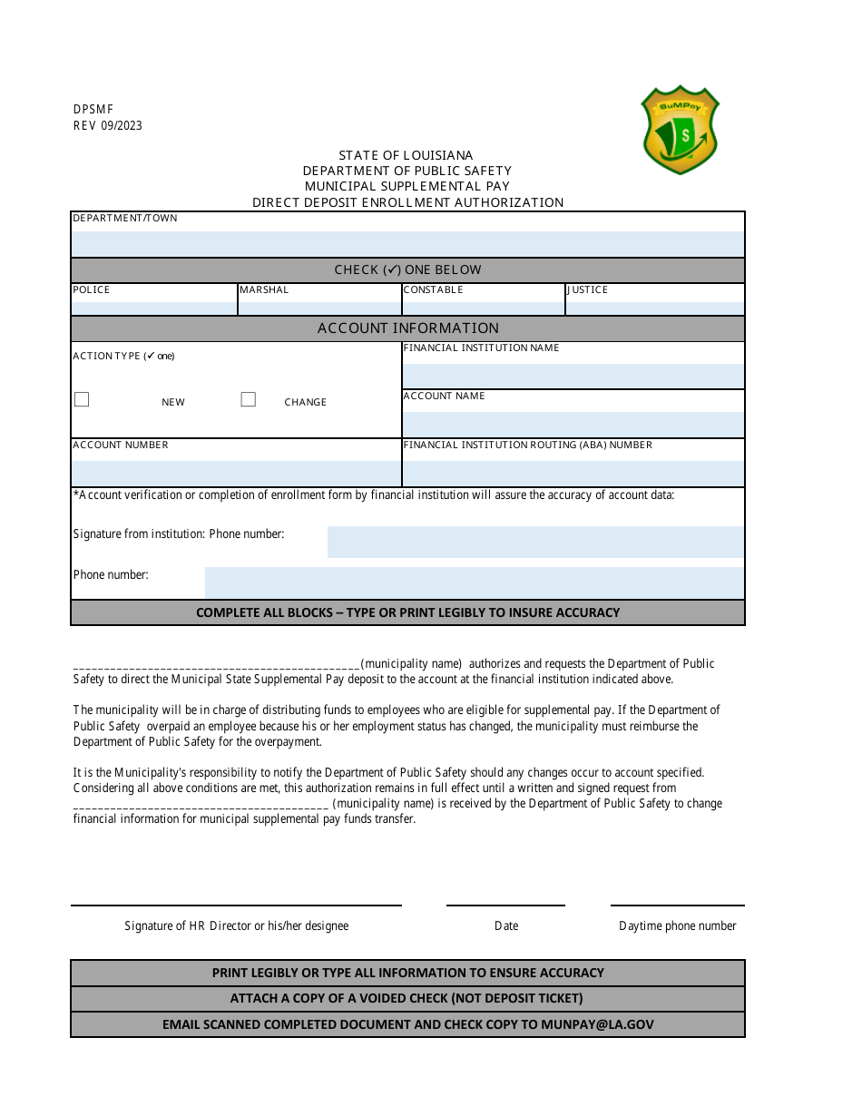 Form DPSMF Direct Deposit Enrollment Authorization - Louisiana, Page 1