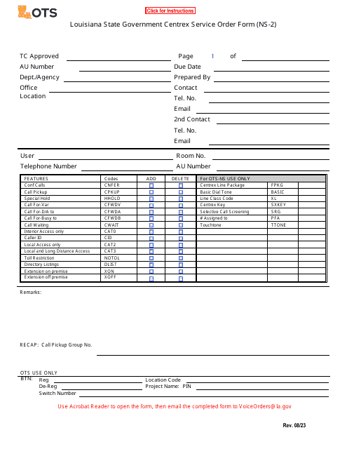 Form NS-2 Louisiana State Government Centrex Service Order Form - Louisiana