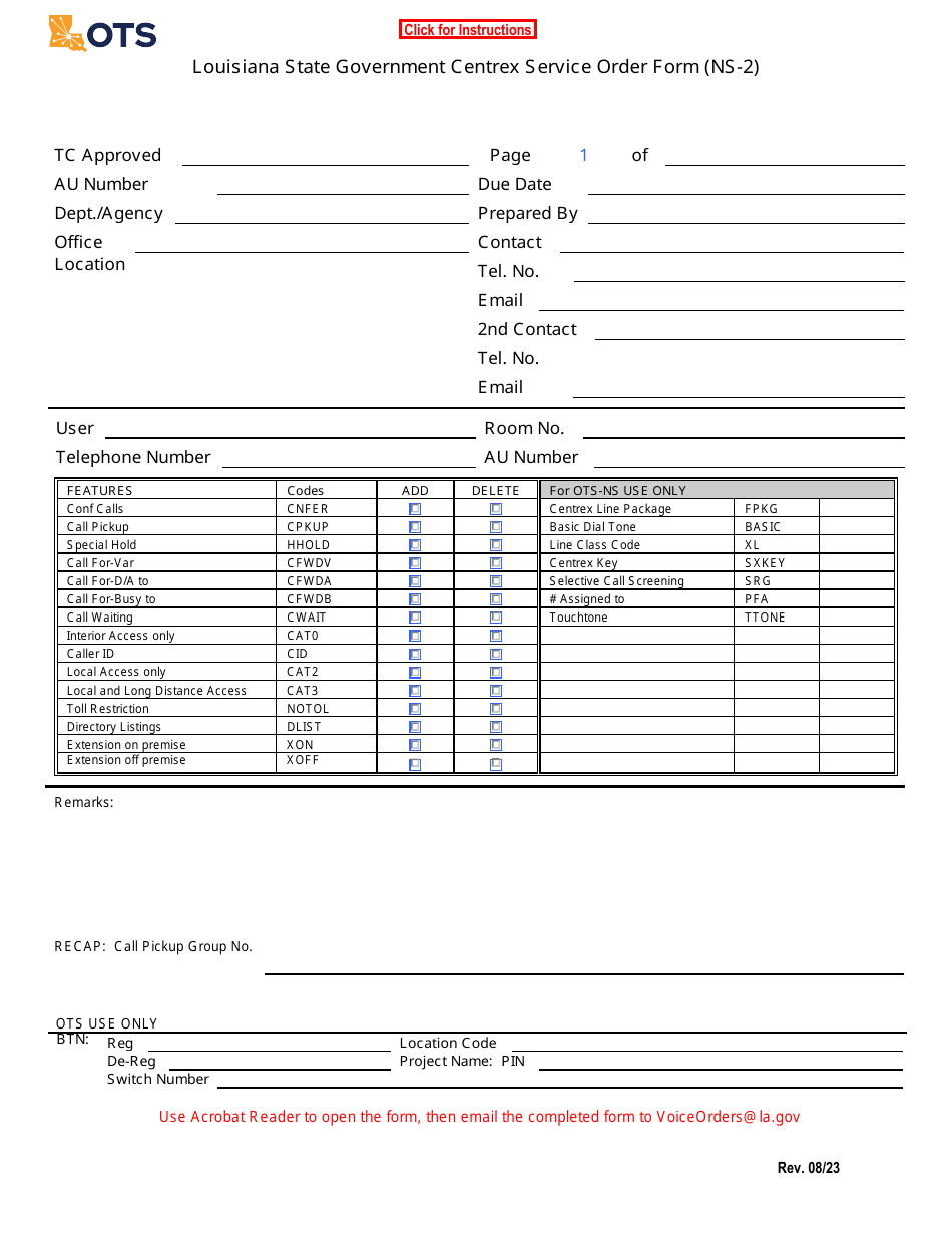Form NS-2 Louisiana State Government Centrex Service Order Form - Louisiana, Page 1