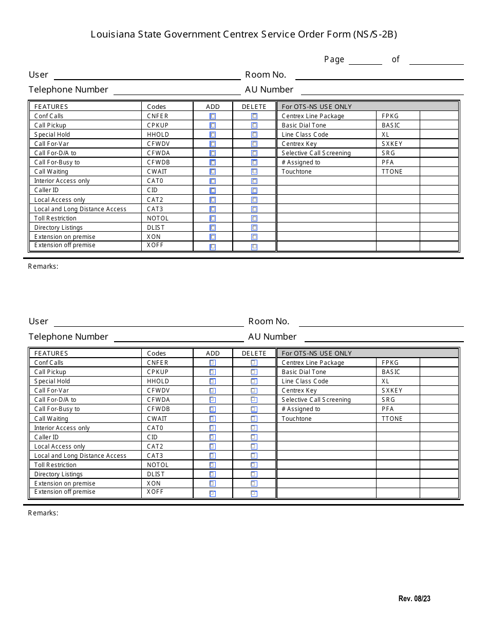 Form NS-2 Louisiana State Government Centrex Service Order Form - Louisiana, Page 2