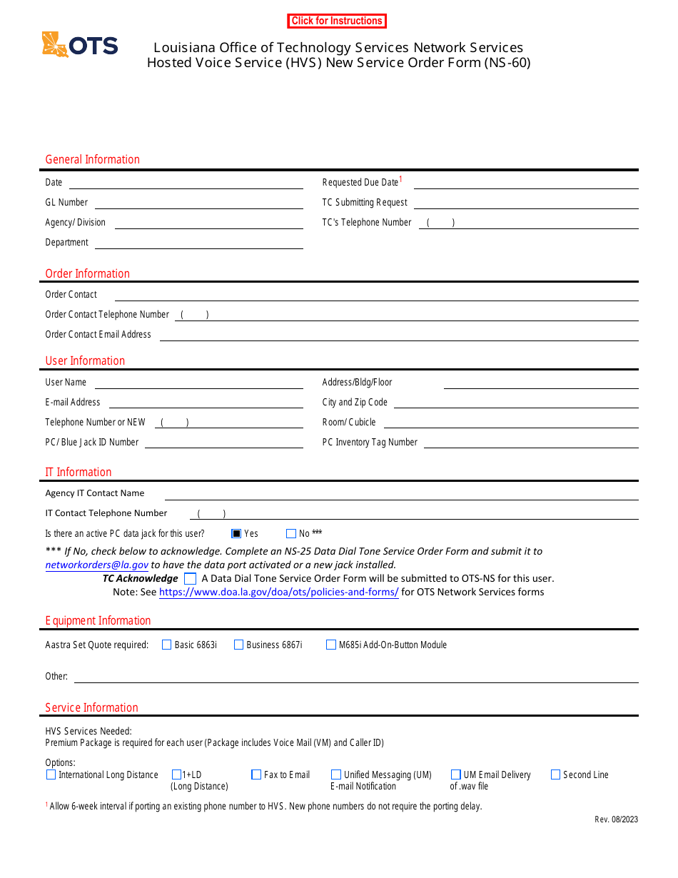Form NS-60 Hosted Voice Service (Hvs) New Service Order Form - Louisiana, Page 1