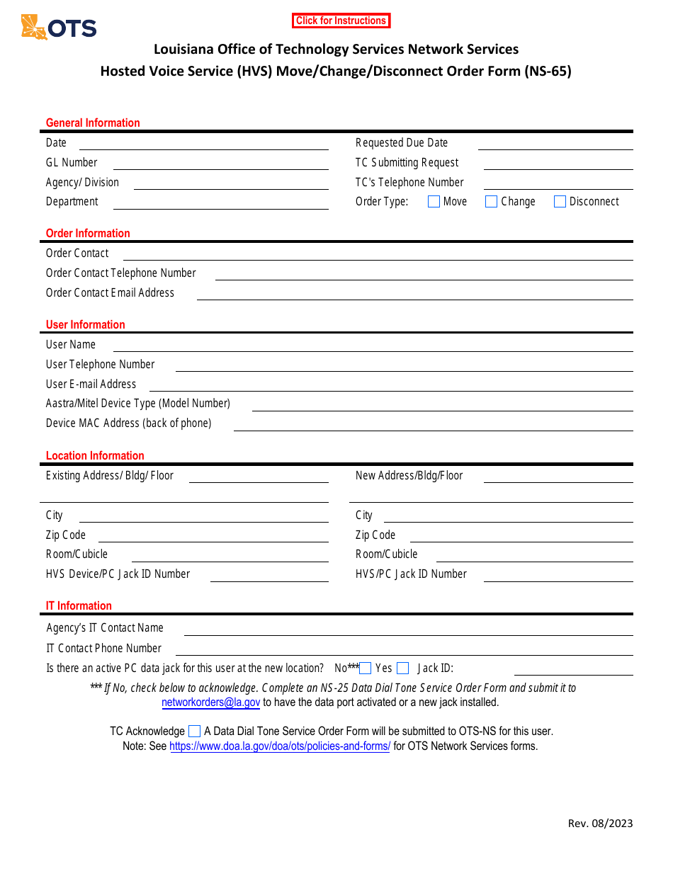 Form NS-65 Hosted Voice Service (Hvs) Move / Change / Disconnect Order Form - Louisiana, Page 1