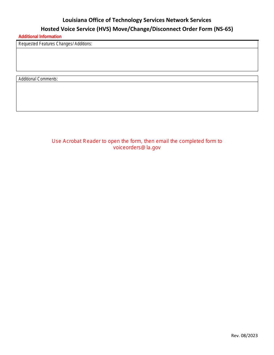 Form NS-65 Hosted Voice Service (Hvs) Move / Change / Disconnect Order Form - Louisiana, Page 2