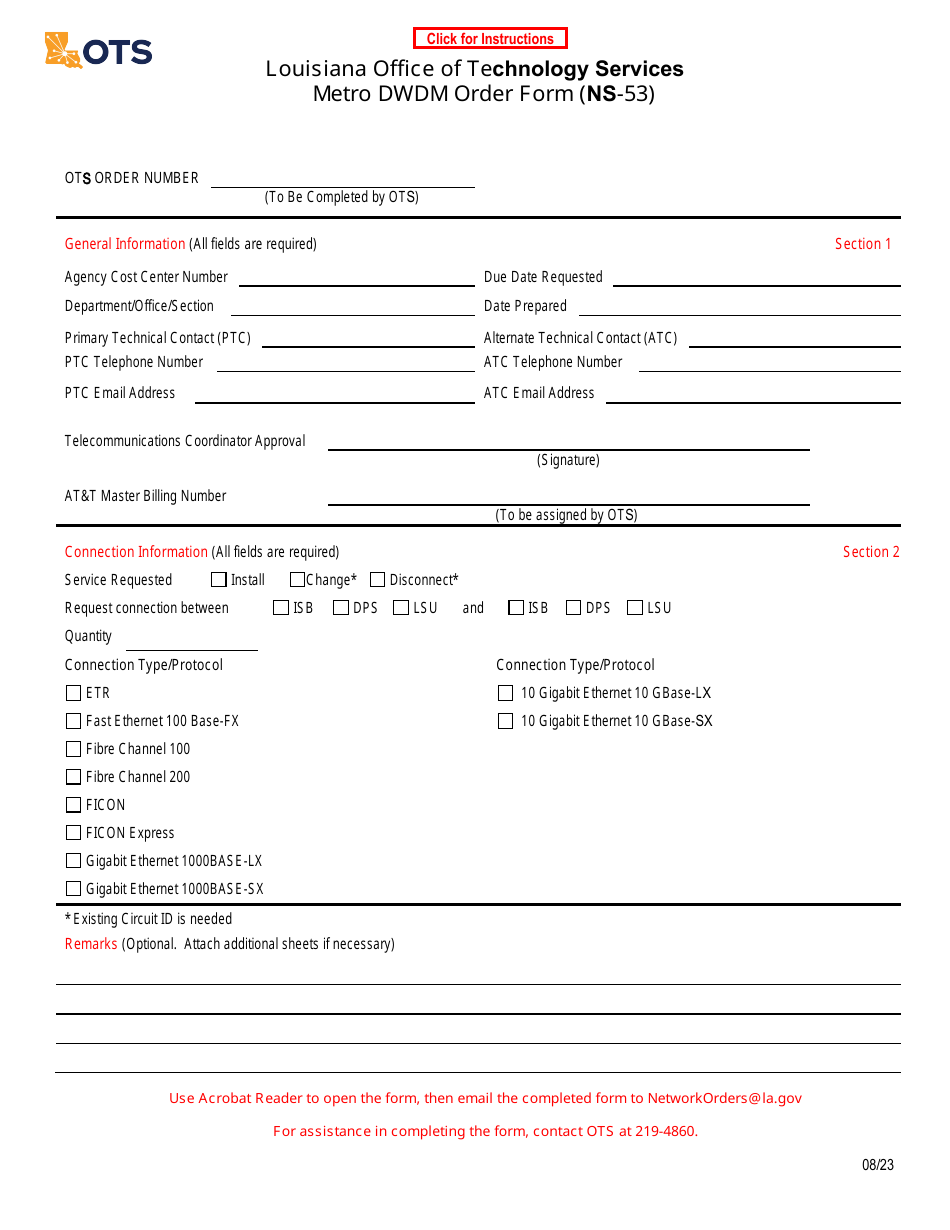 Form NS-53 Metro Dwdm Order Form - Louisiana, Page 1