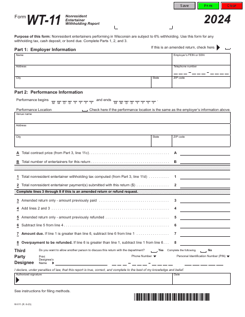 Form WT-11 Nonresident Entertainer Withholding Report - Wisconsin, 2024