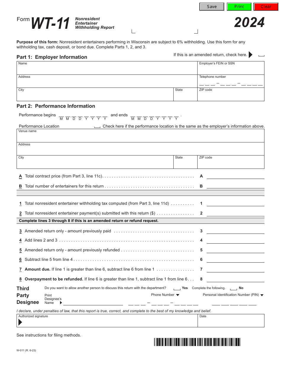 Form WT-11 Nonresident Entertainer Withholding Report - Wisconsin, Page 1