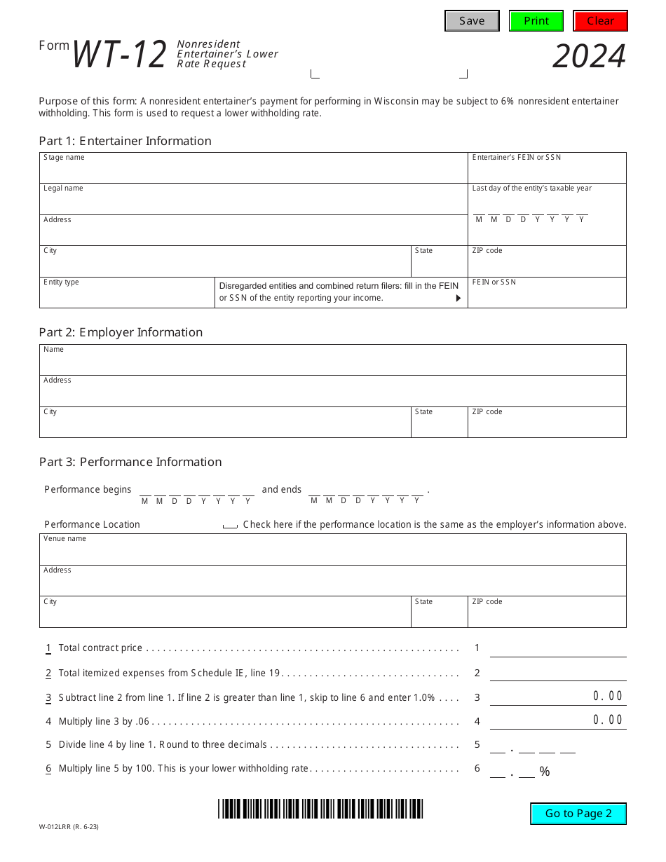 Form WT-12 (W-012LRR) Nonresident Entertainers Lower Rate Request - Wisconsin, Page 1