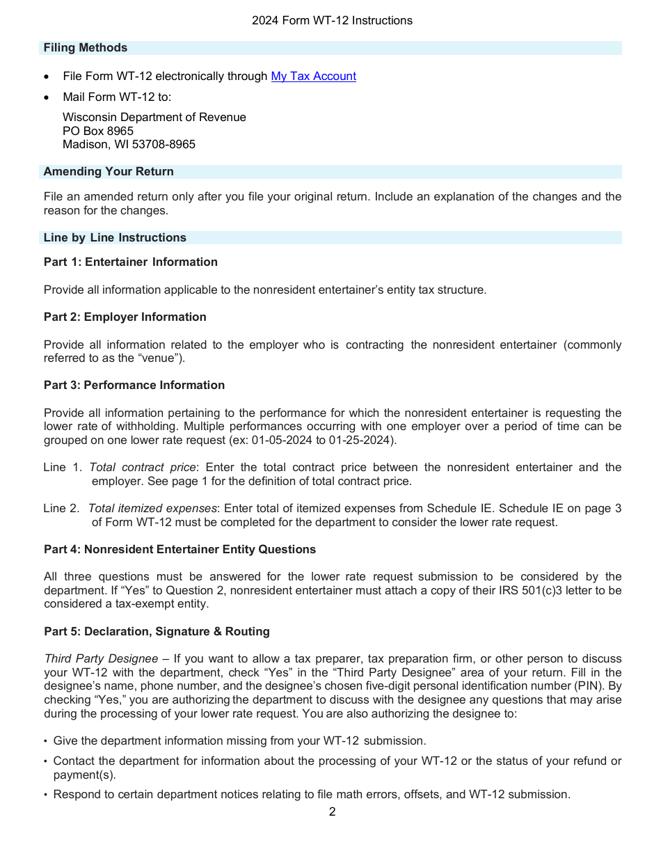 Instructions for Form WT-12, W-012LRR Nonresident Entertainers Lower Rate Request - Wisconsin, Page 2