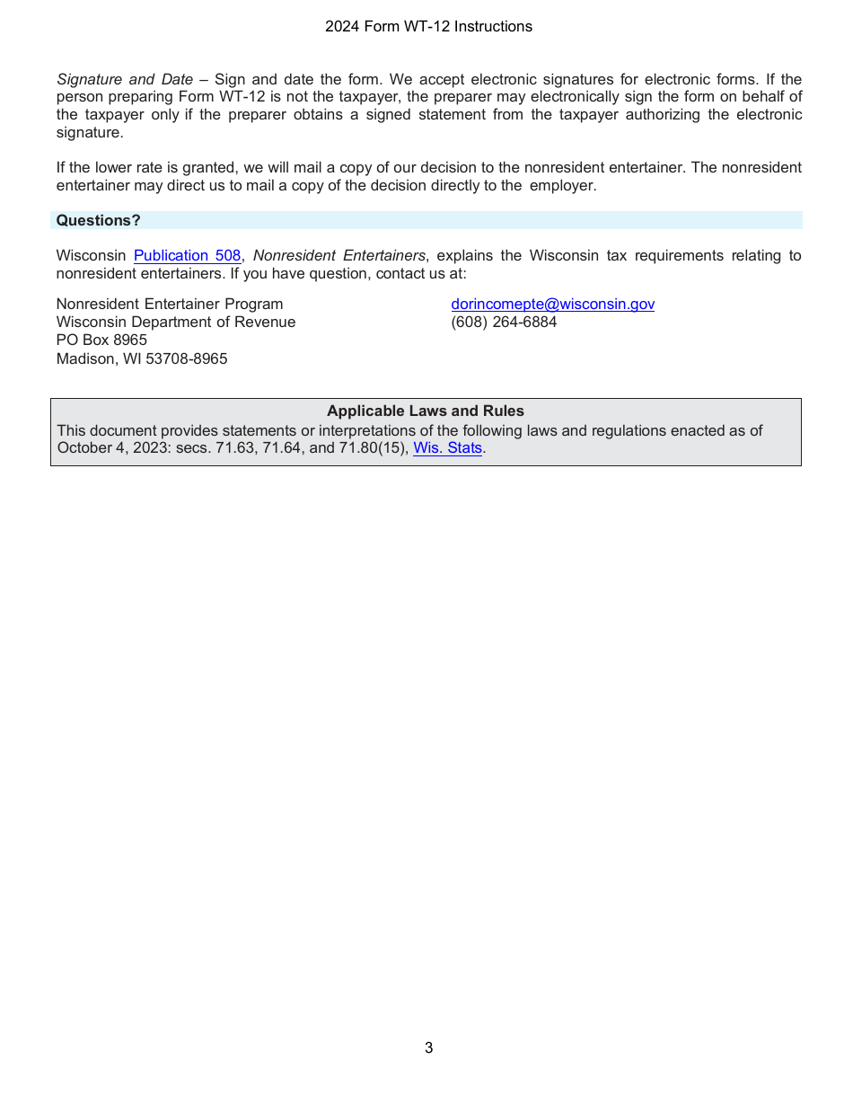 Instructions for Form WT-12, W-012LRR Nonresident Entertainers Lower Rate Request - Wisconsin, Page 3