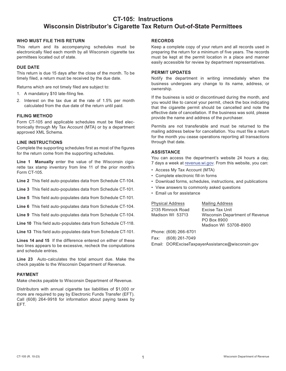 Form CT-105 Wisconsin Distributors Cigarette Tax Return Out-of-State Permittees - Sample - Wisconsin, Page 1