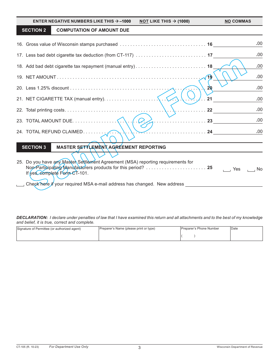 Form CT-105 Wisconsin Distributors Cigarette Tax Return Out-of-State Permittees - Sample - Wisconsin, Page 3