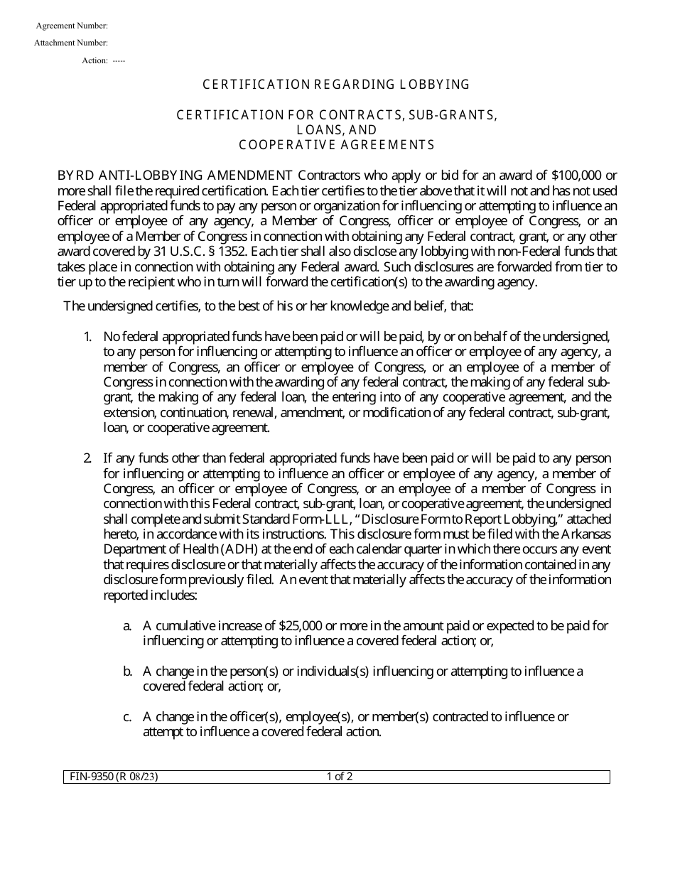 Form FIN-9350 Certification Regarding Lobbying - Certification for Contracts, Sub-grants, Loans, and Cooperative Agreements - Arkansas, Page 1