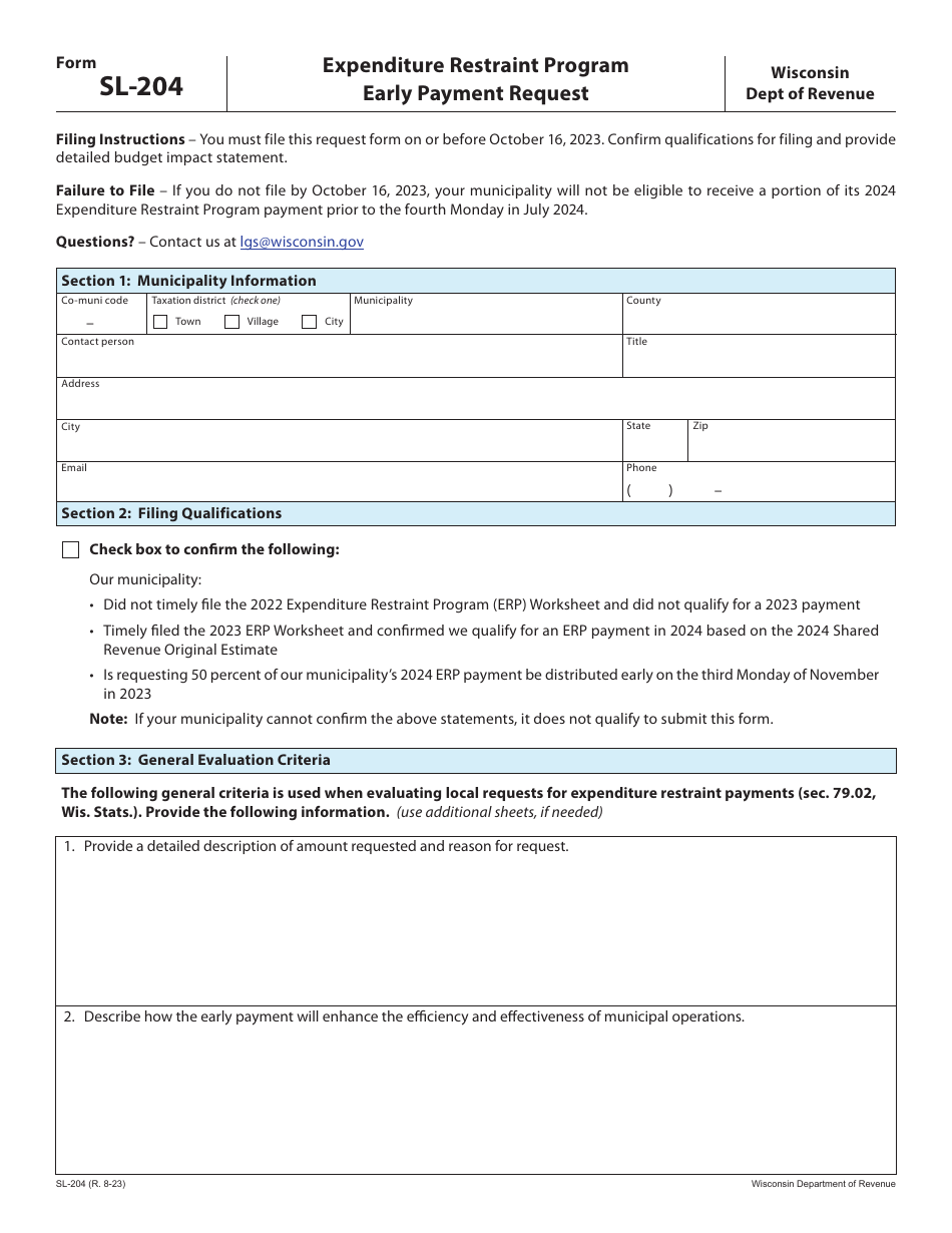 Form SL-204 Early Payment Request - Expenditure Restraint Program - Wisconsin, Page 1