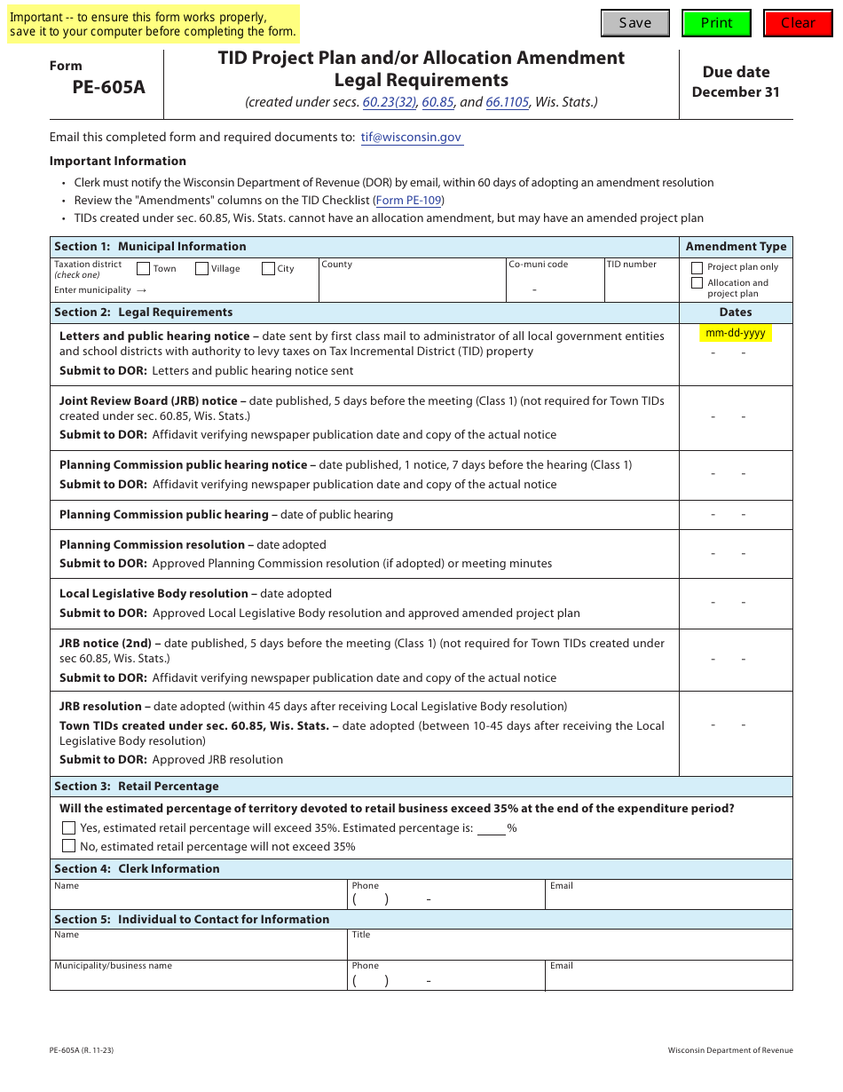 Form PE-605A Tid Project Plan and / or Allocation Amendment Legal Requirements - Wisconsin, Page 1
