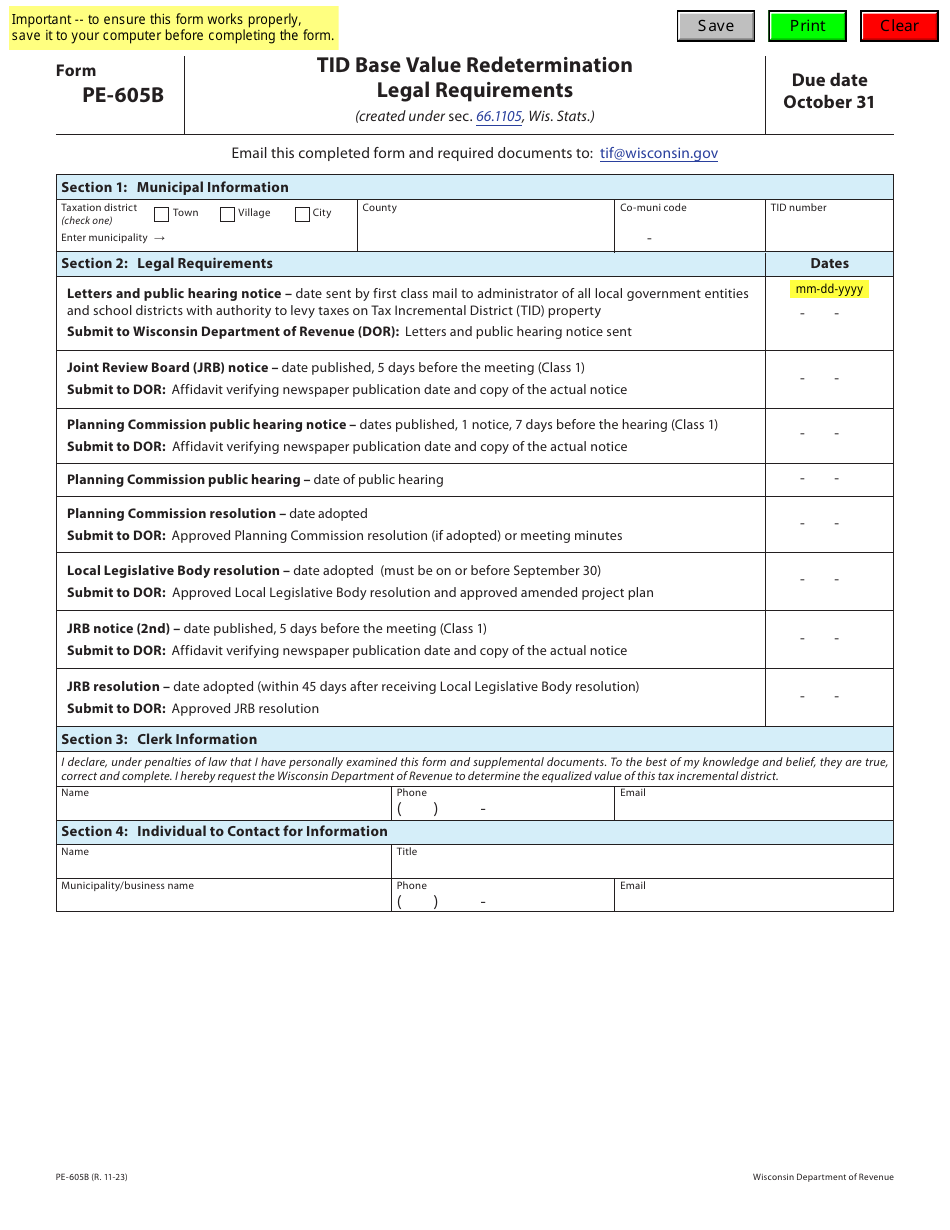 Form PE-605B Tid Base Value Redetermination Legal Requirements - Wisconsin, Page 1