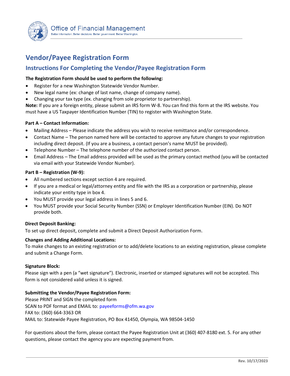 Vendor / Payee Registration Form - Washington, Page 1