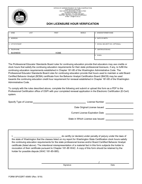 Form SPI/CERT4098V Doh Licensure Hour Verification - Washington