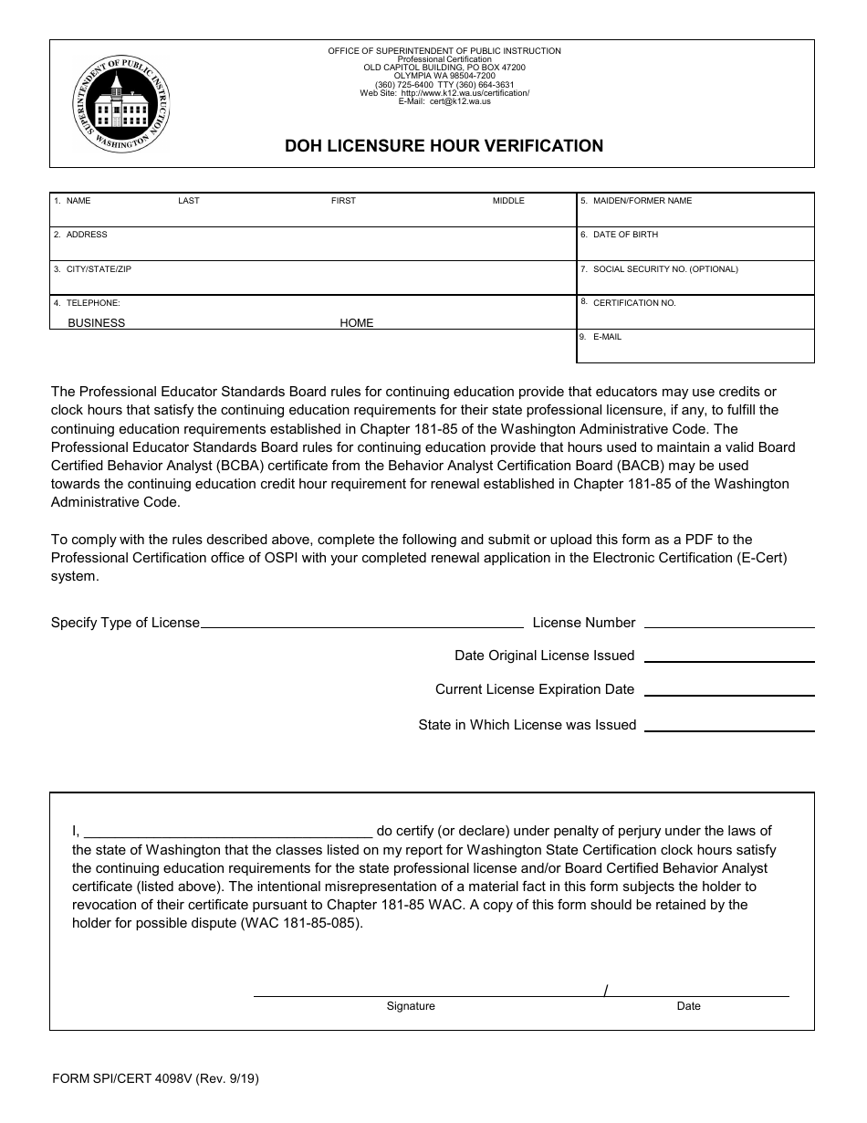 Form SPI/CERT4098V Fill Out, Sign Online and Download Fillable PDF