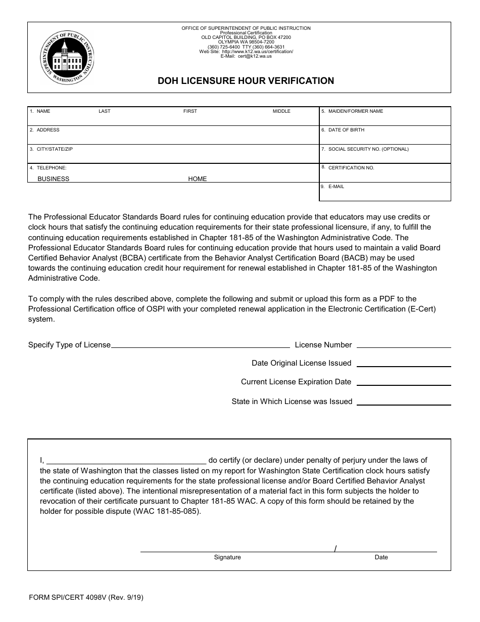 Form SPI / CERT4098V Doh Licensure Hour Verification - Washington, Page 1